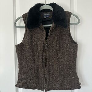 Vintage Harold's Brown Herringbone Wool Vest with Faux Fur Collar